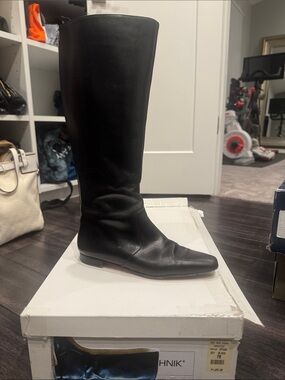 Manolo Blahnik Black Leather Knee-High Flat Boot